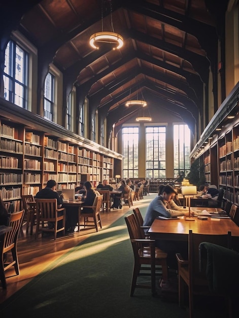 eine Bibliothek mit einer Decke, an der Licht hängt