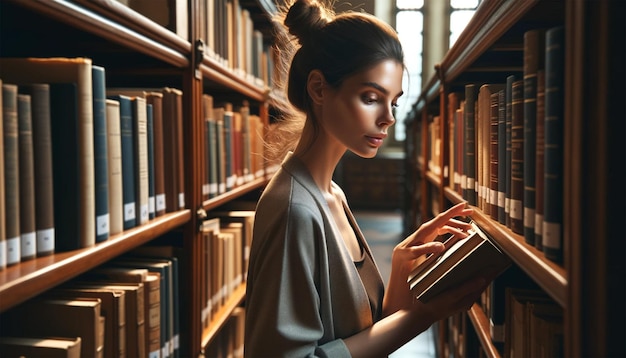 Eine Bibliothek mit einer klassischen und zeitlosen Umgebung eine 26-jährige Frau mit heller Haut und braunen Haaren