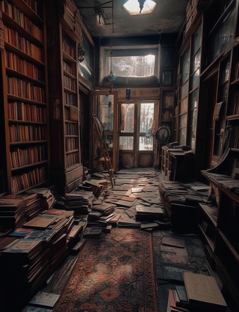 Eine Bibliothek mit vielen Büchern auf dem Boden