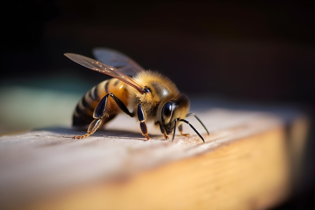 Eine Biene auf einem Holzbrett mit schwarzem Hintergrund