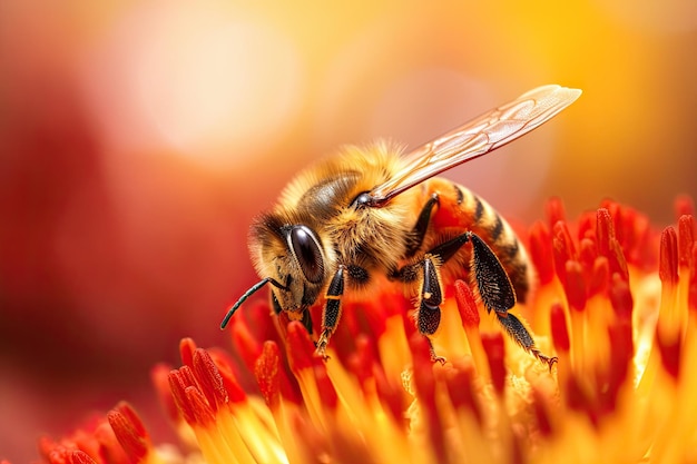 eine Biene auf einer Blume, die Nektar saugt, nähert sich dem Makro