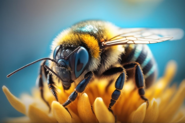 Eine Biene auf einer Blume mit blauem Hintergrund