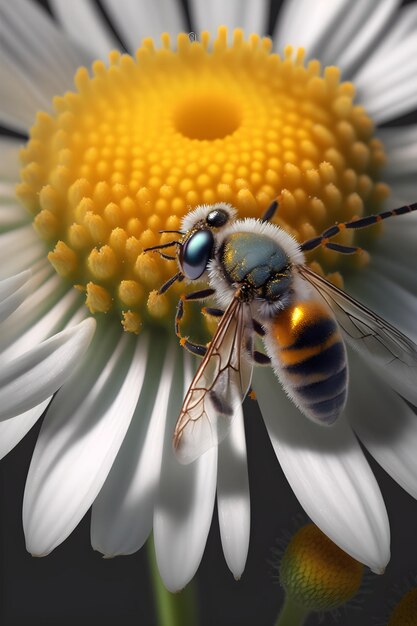 Eine Biene auf einer Blume mit gelber Mitte.