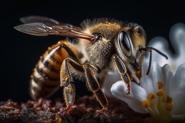 Eine Biene auf einer Blume mit schwarzem Hintergrund