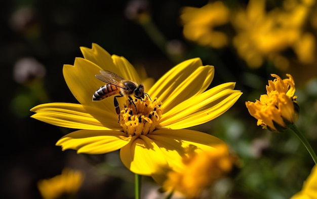 Eine Biene auf einer gelben Blume mit einer schwarz-weiß gestreiften Fliege darauf.