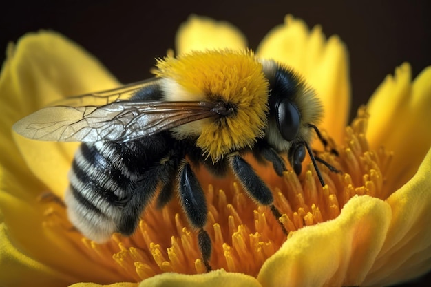 Eine Biene auf einer gelben Blume mit gelber Mitte.