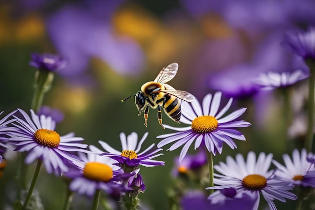 Eine Biene auf einer lila Blume mit gelben Blüten