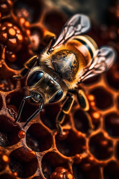 Eine Biene auf einer Wabe mit dem Wort Biene darauf