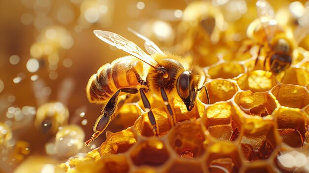 Eine Biene brummt um einen Bienenstock aus goldenen Honigstockern
