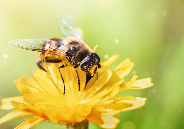 Eine Biene der Familie Apoidea auf einer gelben Blume sammelt Pollen in der Nähe