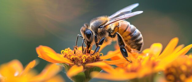 Eine Biene, die eine helle Blume bestäubt, lebt den wesentlichen Tanz