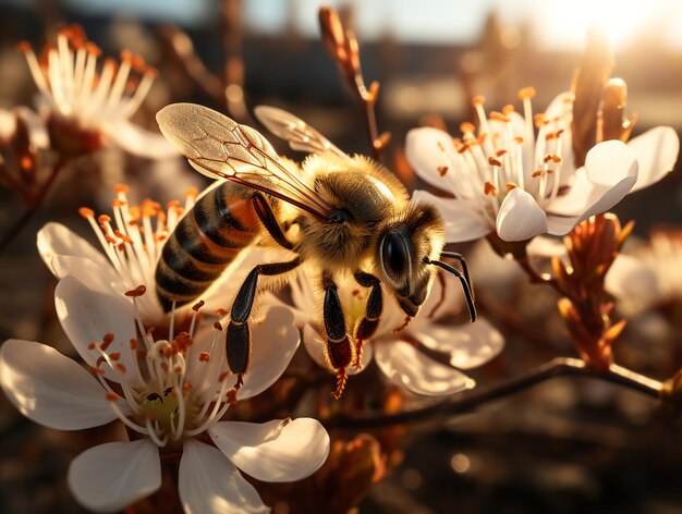 Eine Biene fliegt bei Sonnenuntergang über einen Bündel Blumen