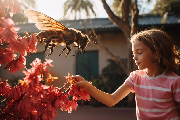 Eine Biene fliegt in der Nähe eines Kindes und berührt sanft eine Blume.