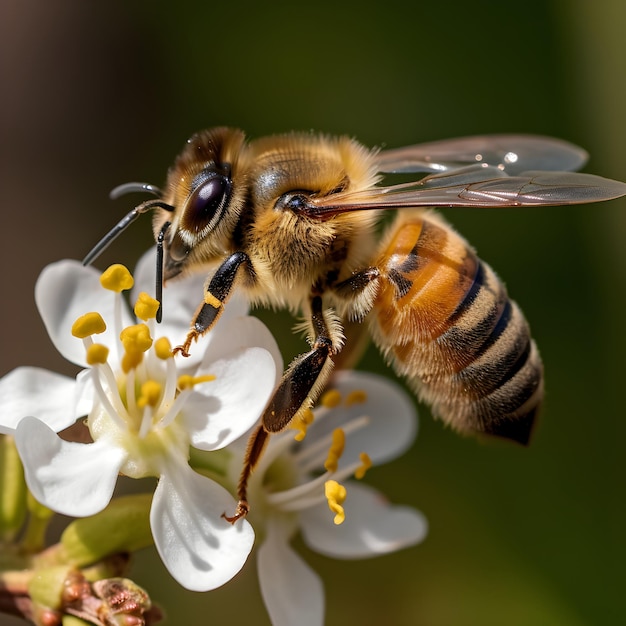 Eine Biene ist auf einer weißen Blume mit dem Wort Biene darauf.