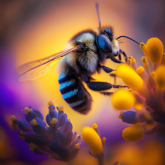 Eine Biene mit blau-schwarz gestreiftem Fell und schwarzen Streifen auf dem Kopf ist von gelben Blüten umgeben.