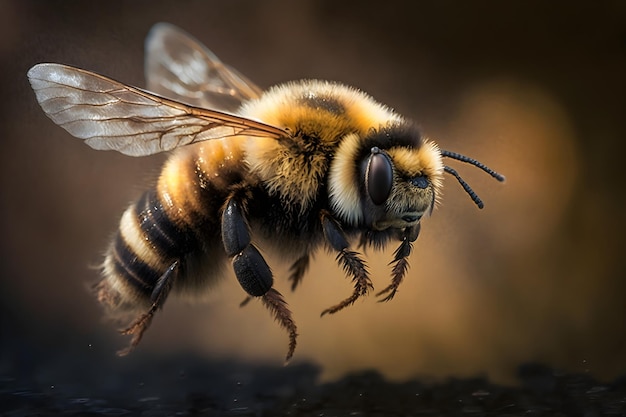 Eine Biene mit einem gelb-weißen Bruststreifen fliegt über einen schwarzen Hintergrund.