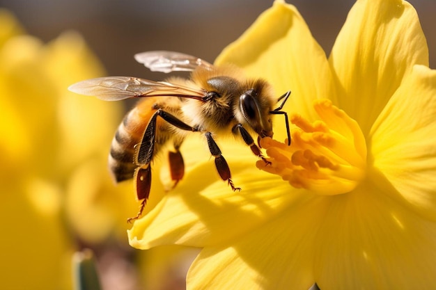 eine Biene mit einer gelben Blume im Hintergrund