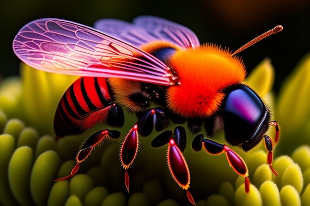 Eine Biene mit rosa und orangefarbenem Körper und violetten Flügeln sitzt auf einer Blume.