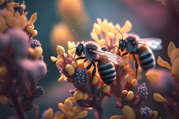 Eine Biene sammelt Honig auf Blumen in der Natur Nahaufnahme einer Honigbiene, die Nektar füttert Mehrfarbig blühende Sommerwiese Golden üppig blühende Wildblumenwiese mit Wildkräutern und Blumen