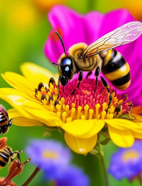 Eine Biene sammelt Honig aus bunten Blumen
