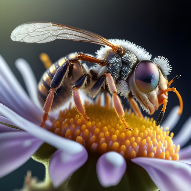 Eine Biene sitzt auf einer Blume mit einer violetten Blume im Hintergrund.