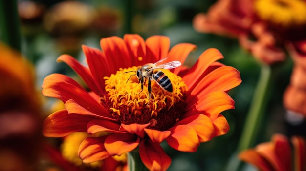 Eine Biene sitzt auf einer roten Blume. Generatives KI-Bild