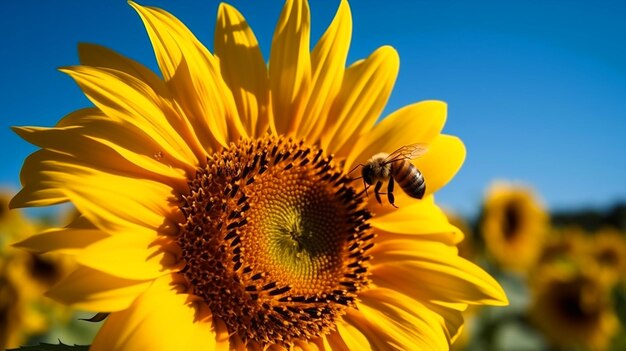 Eine Biene sitzt auf einer Sonnenblume und die Sonnenblume ist im Hintergrund.