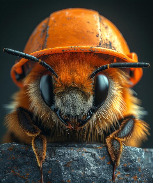 Eine Biene trägt einen harten Hut, eine Biene einen gelben Bauhelm.