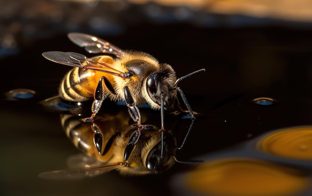 Eine Biene trinkt Wasser aus einem Teich