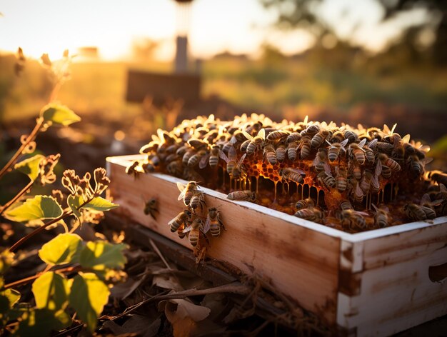 Foto eine bienenkolonie schwärmt um einen bienenstock und arbeitet zusammen, um honig zu produzieren