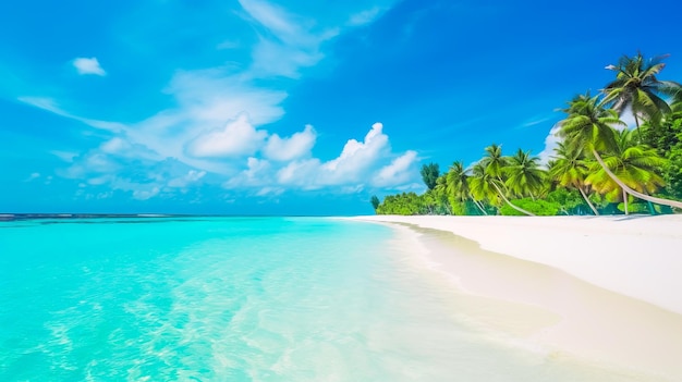 Eine bildschöne Szene eines tropischen Strandes auf der Malediveninsel mit weißen Sandpalmen und einem lebendigen