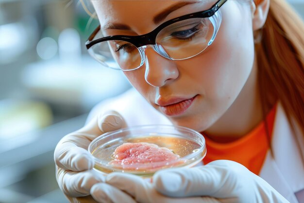 Foto eine biologin untersucht ein stück synthetisches künstliches fleisch, das auf einer chemischen petri-schüssel liegt