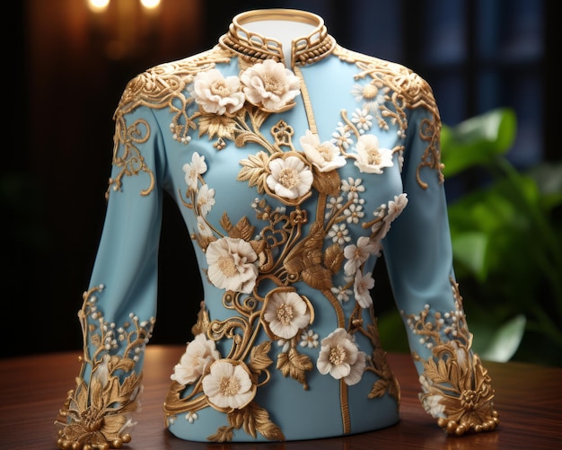 eine blau-goldene Jacke mit Blumen darauf
