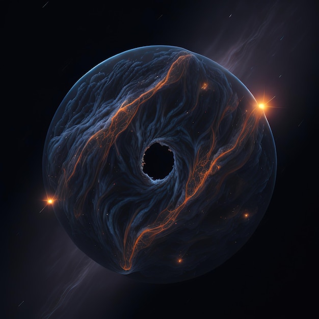 Eine blau-orangefarbene Galaxie mit einem Loch in der Mitte, auf dem „Donut“ steht.