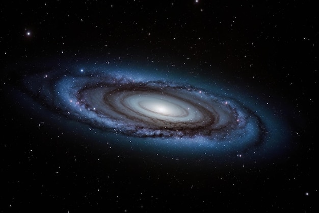 Eine blau-schwarze Galaxie mit einer blau-weißen Galaxie im Hintergrund