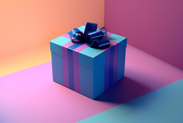 Eine blau-violette Geschenkbox mit einem blauen Band oben.