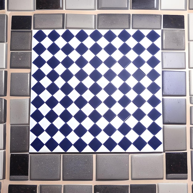 Eine blau-weiße quadratische Fliese mit schwarzen Quadraten darauf.