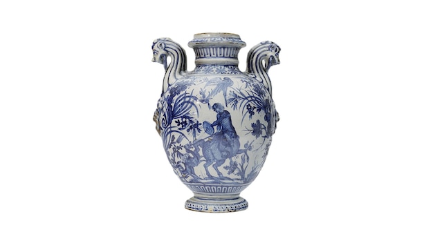 Eine blau-weiße Vase mit einem Mann auf einem Pferd darauf.