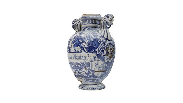 Eine blau-weiße Vase mit einem weißen Design, auf dem "Pflanzenplanung" steht.