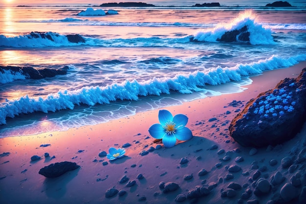 eine blaue Blume ein Sandstrand am Meer bei Nacht