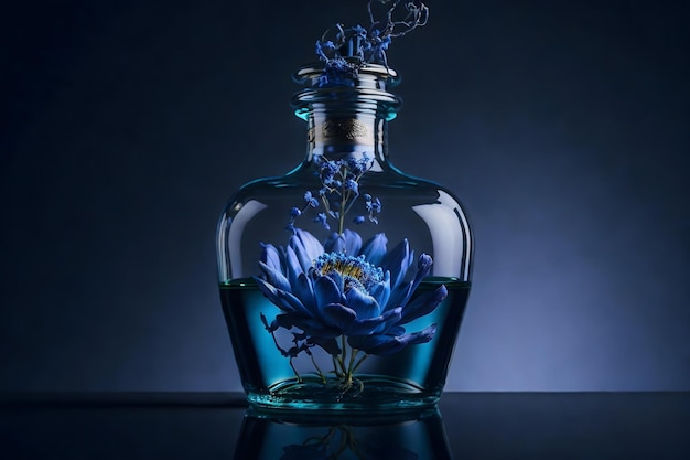 Eine blaue Blume in einer Flasche Wasser