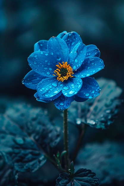 Foto eine blaue blume mit wassertropfen darauf