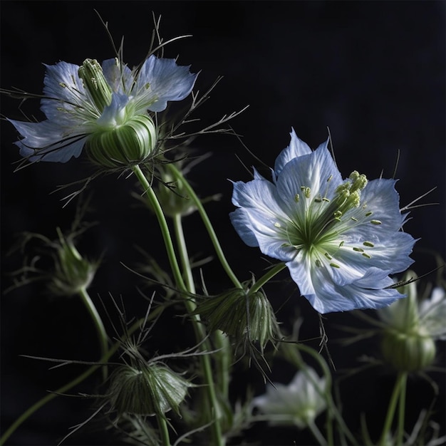 Eine blaue Blume mit weißen Blütenblättern und grünen Blättern