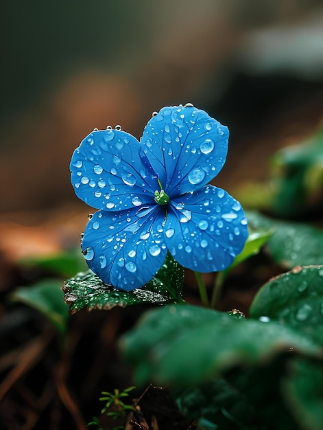 Eine blaue Blume sitzt im Regen auf grünem Gras