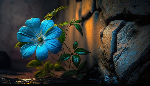 Eine blaue Blume steht vor einer Steinmauer.