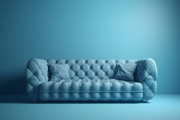 Eine blaue Couch in einem Raum mit einer weißen und einer blauen Wand.