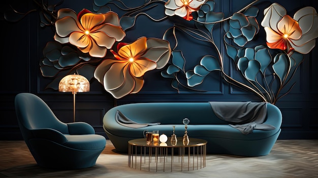 eine blaue Couch mit einem blau-weißen blumigen Tisch und einer Lampe.