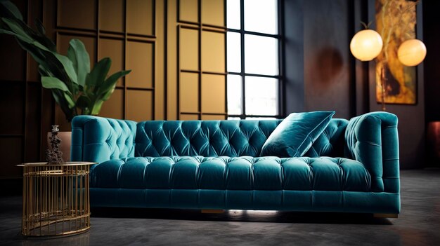 eine blaue Couch mit einem blauen Kissen auf dem Boden und einer Pflanze in der Ecke