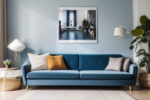 eine blaue Couch mit Kissen und einer Lampe in einem Zimmer mit einer blauen Wand