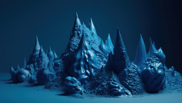 Eine blaue Eislandschaft mit Bäumen und Bergen im Hintergrund.
